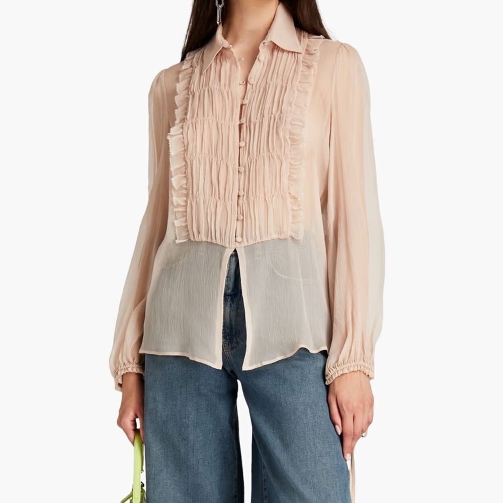 Amiri gathered ruffle trimmed silk sheer blouse 2US/6UK blight pink